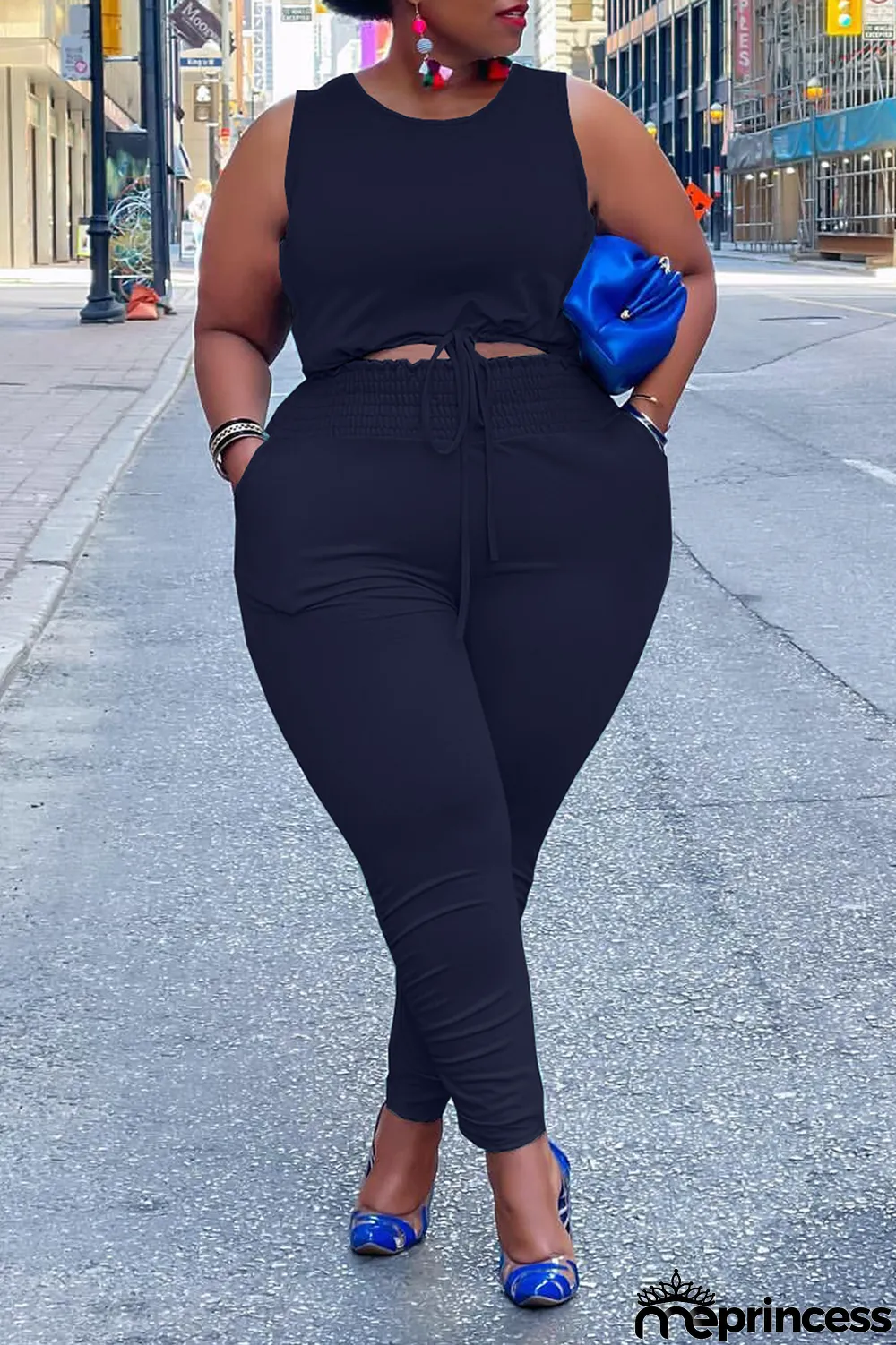 Sky Blue Casual Solid Split Joint O Neck Plus Size Two Pieces