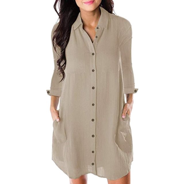 Women Loose Solid Dresses Turn Down Casual Ladies Office Shirt Dresses Button 2019 Summer Spring Long Sleeve Dresses Vestidos
