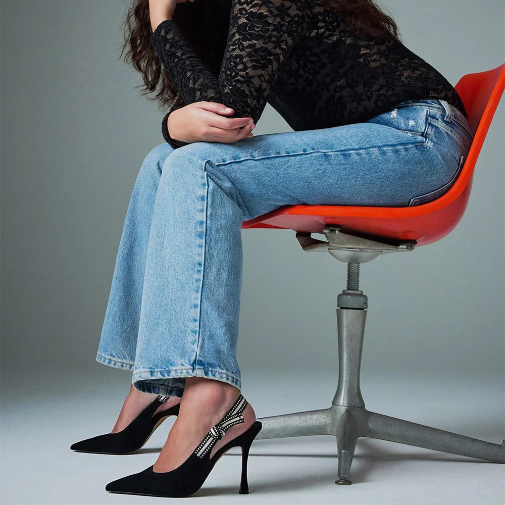 Pointed Toe Stiletto High Heel Slingback Black Pumps with Bow