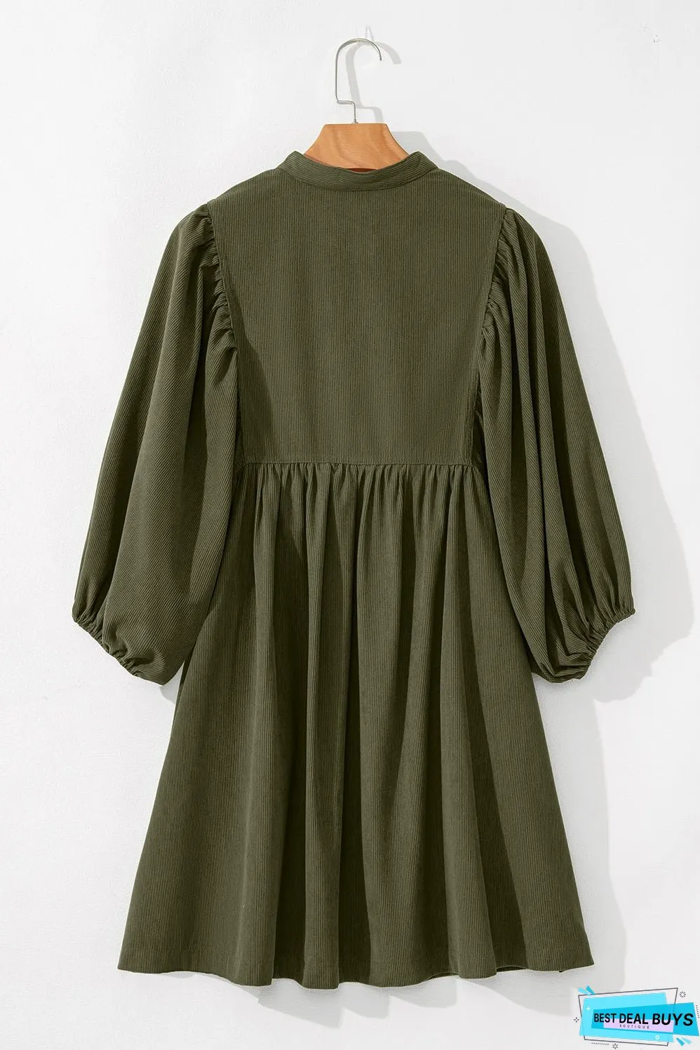 Vineyard Green Corduroy Snap Buttons Empire Waist Bracelet Sleeve Dress