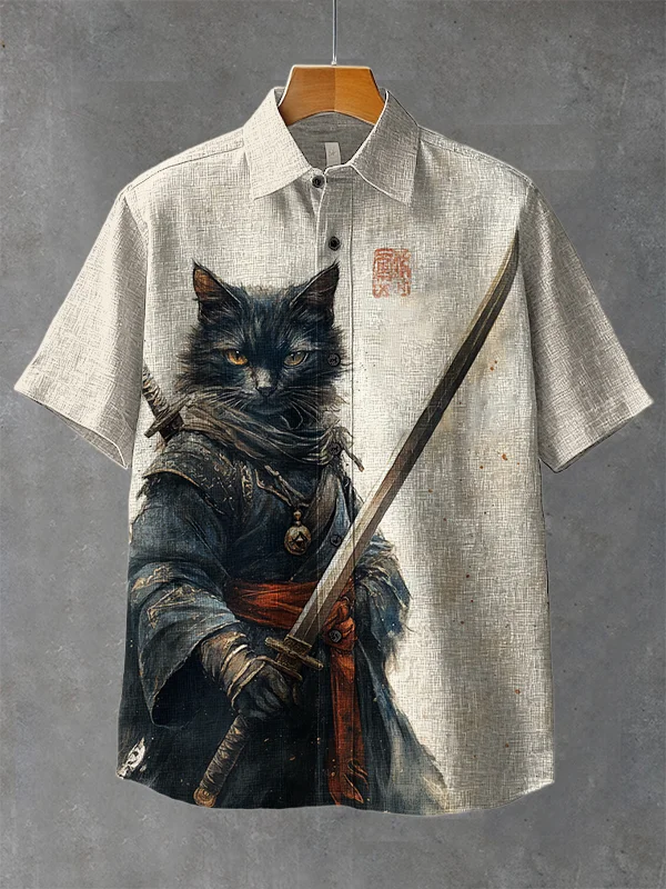 Men's Black Cat Warrior Ink Art Print Short Sleeve Shirt