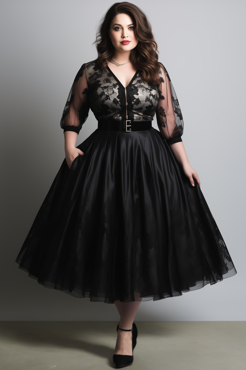 Flycurvy Plus Size Wedding Guest Black Lace Zipper 3/4 Puff Sleeve Belt Midi Dress 2024 - Flycurvy 