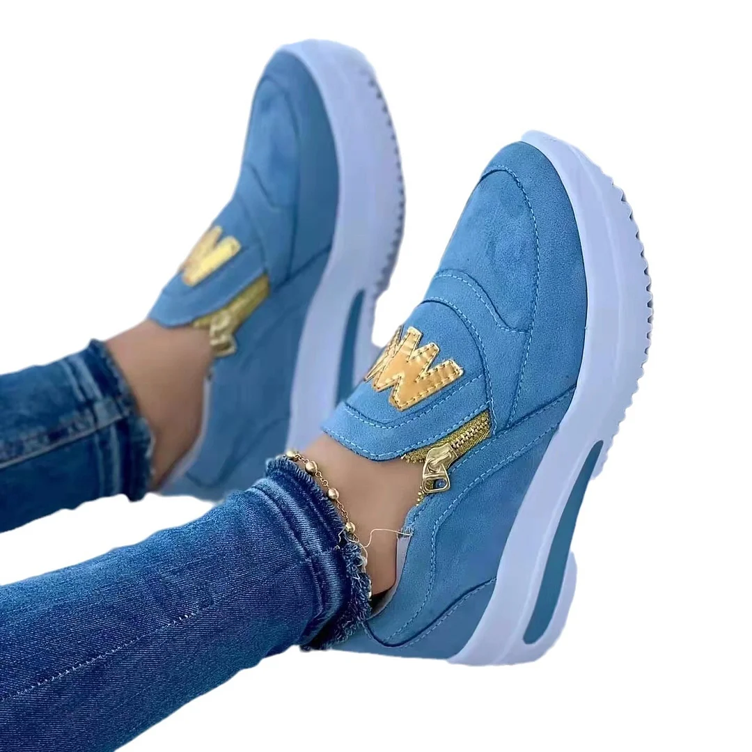 Yyvonne New Large-Size Sports Single Shoe Pine Cake Flat Bottom Zipper Solid Color Casual Sneakers