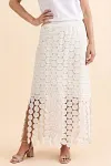 White Circle Lace Maxi Skirt, Elastic Waist Tiered Crochet Midi Skirt with Fringe Hem, Boho Hollow Out Long Skirt for Women