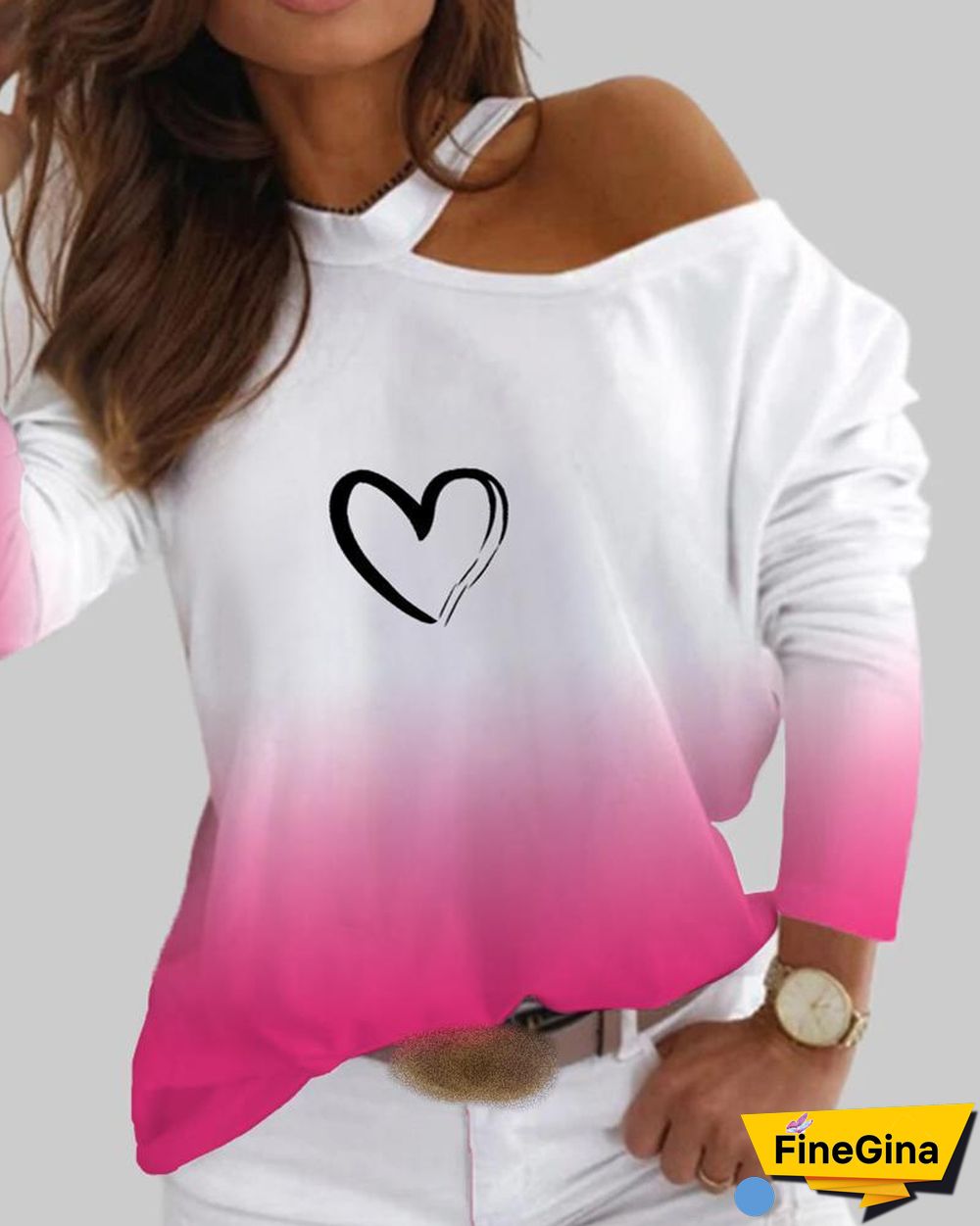 Colorblock Heart Print Cold Shoulder Top P10944