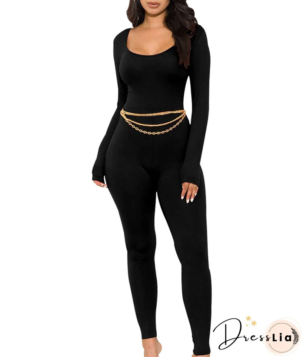 Pure Colo Women U-neck Long Sleeves Tight Jumpsuit