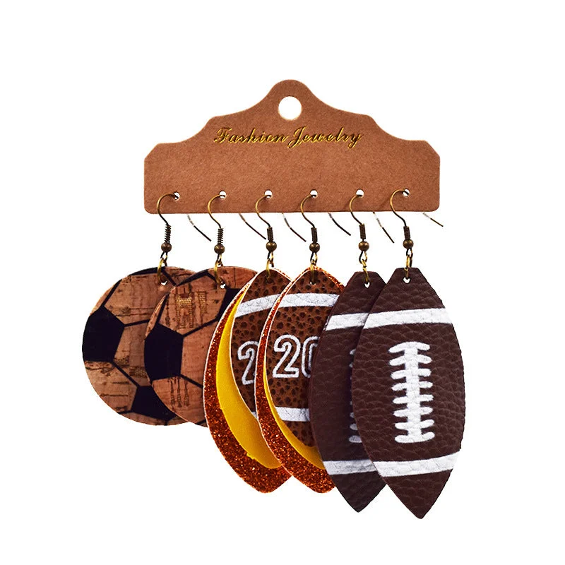 3Pairs Set Touch Down Football Leather Earrings