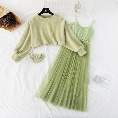 FTLZZ Autumn Winter Women Sweet Two Pieces Suit Knitted Sweater O Neck Sweaters and Dress Set Female Dress