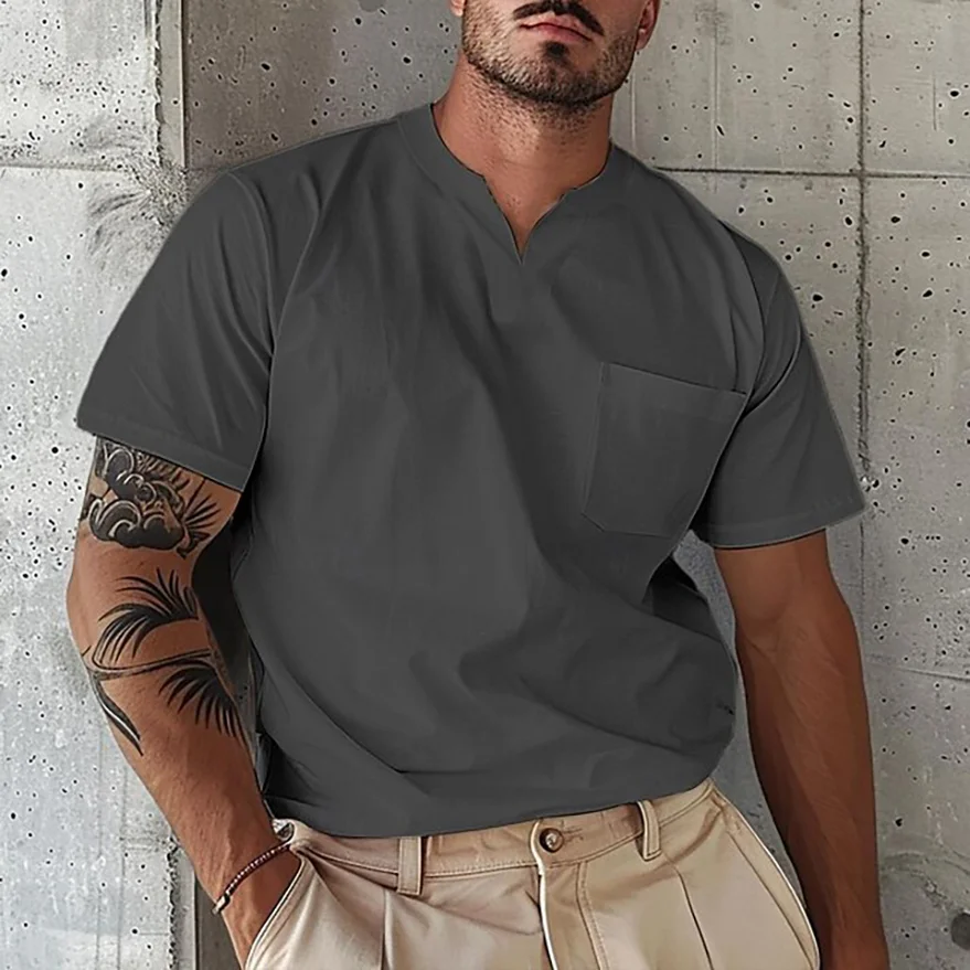 Men's Elastic Cotton Pocket Short Sleeve V-neck T-shirt-inspireuse