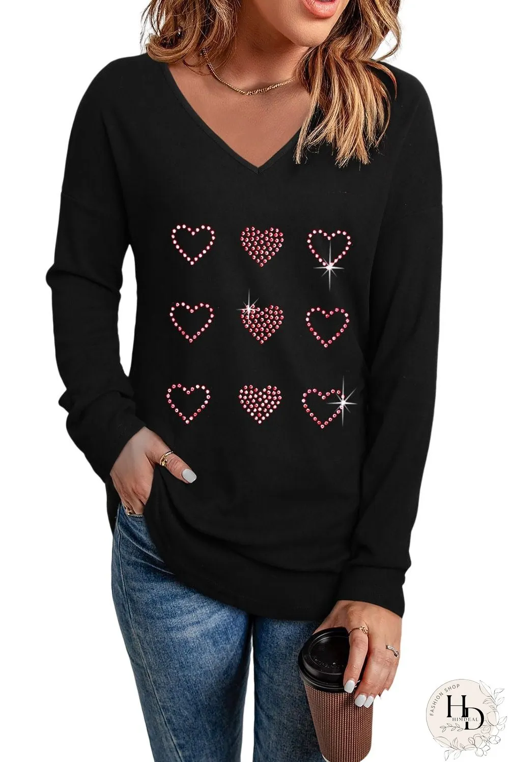 Black Valentines Day Rhinestone Heart Graphic Long Sleeve Tee