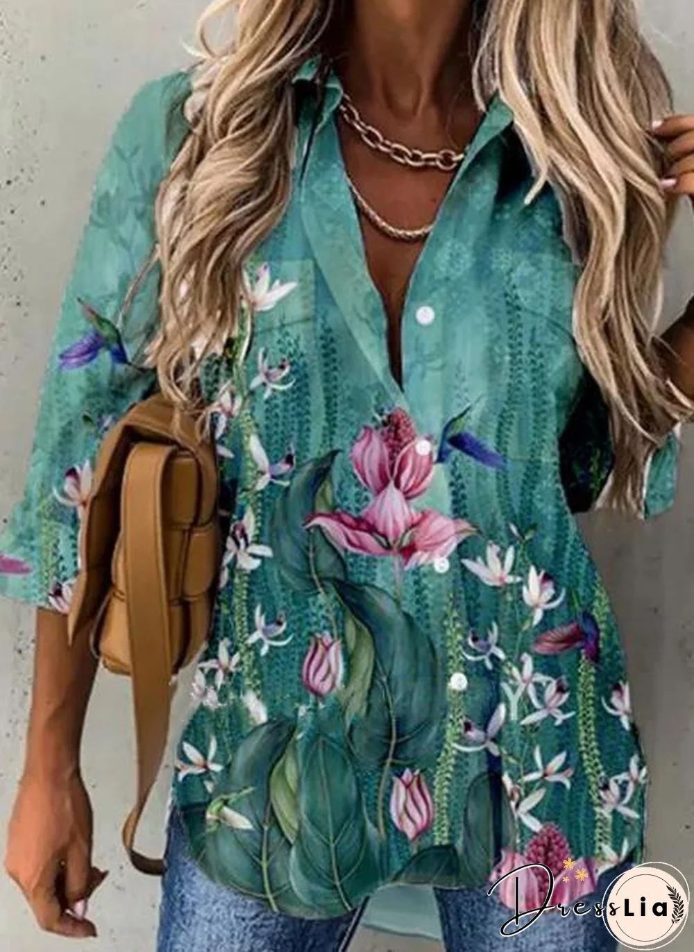 Lapel 3/4 Sleeve Printed Shirt