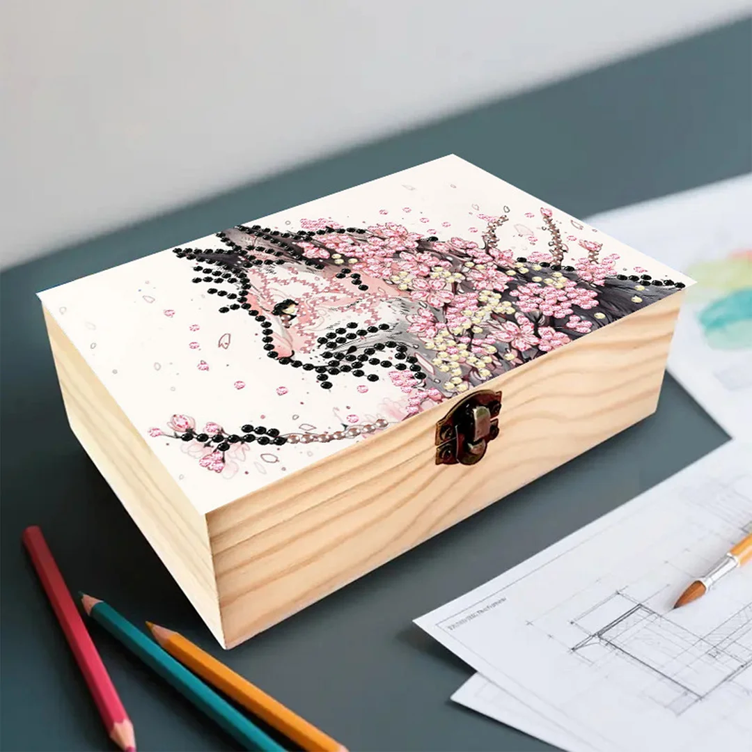 Cats Cherry Blossom DIY Wooden 5D Diamond Art Diamond Art Storage Box for Adults