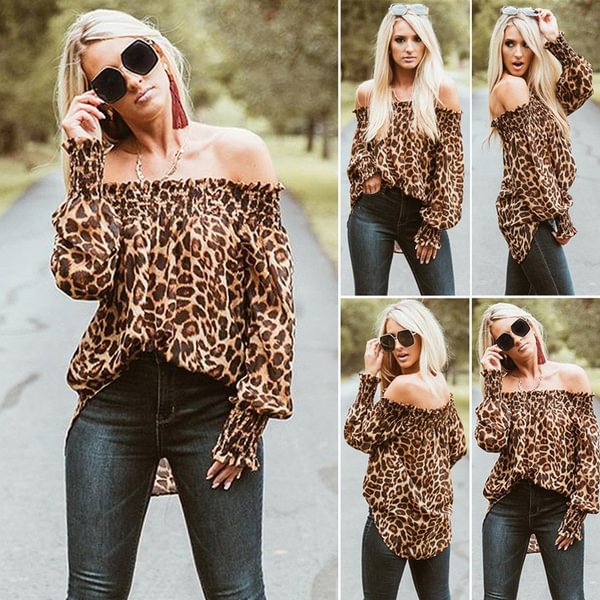 Women Spring Fall Off Shoulder Leopard Print Long Sleeve Blouse Tops - BlackFridayBuys