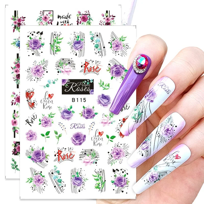 1 Pc Geometric Rose Flower 3D Nail Stickers Butterflies Heart Love Nail Decals Slider DIY Nail Art Decotaion Nail-Nail Inspo