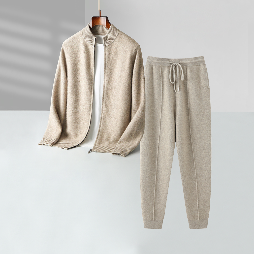 Men's Zip-up Mock Neck Cashmere Sweater and Pants Set | Modern Minimalist REAL SILK LIFE
