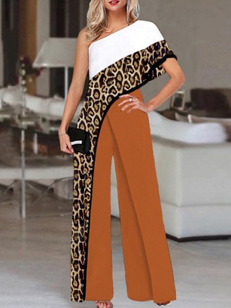 Leopard print slanted shoulder women's jumpsuit  SKUI73827 QueenFunky
