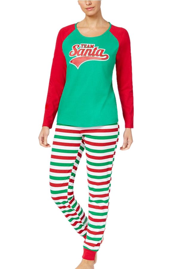 Womens Stripe Santa Printed Christmas Family Pajama Set Red-elleschic