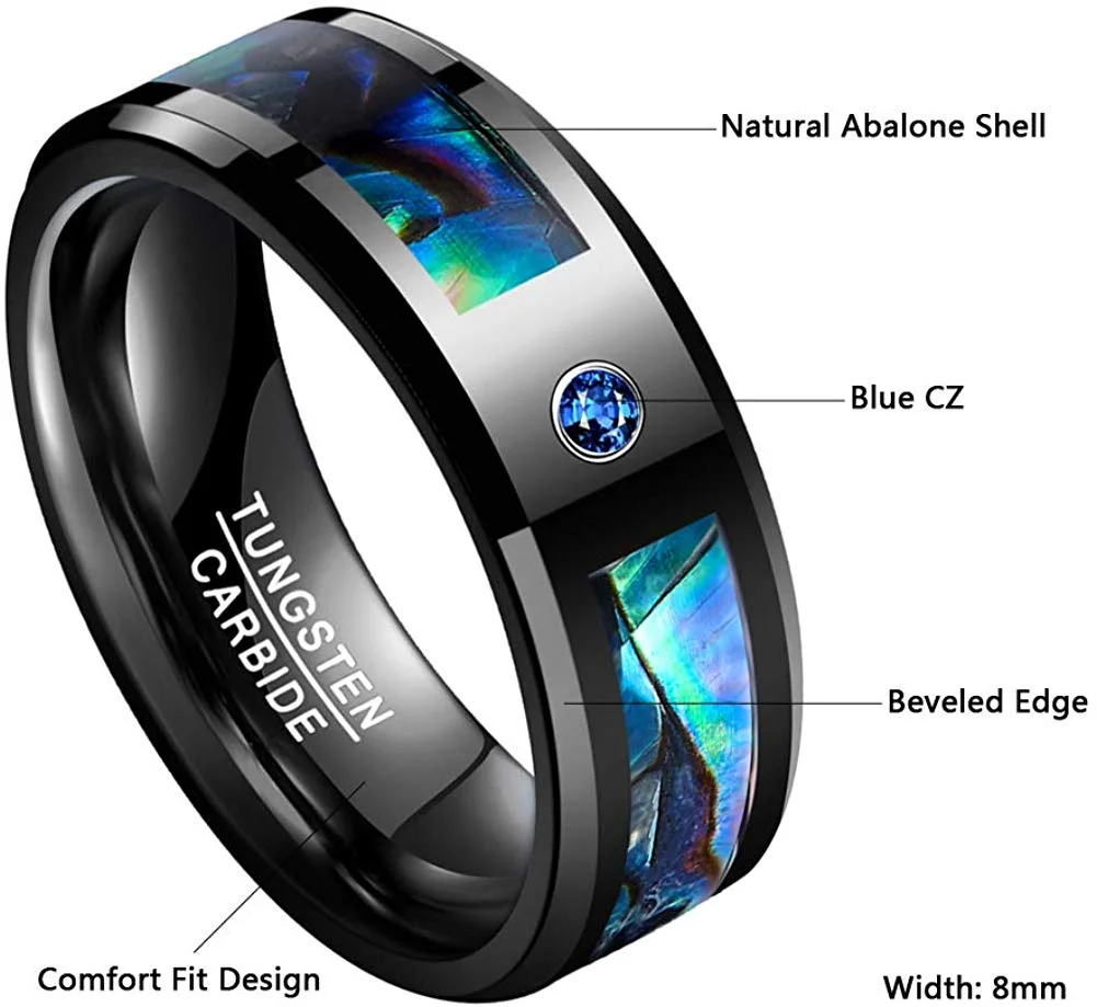 6MM 8MM Men Or Women Abalone Shell and Blue Cubic Zirconia Inlay Tungsten Matching Black Couple Wedding Bands Beveled Edge