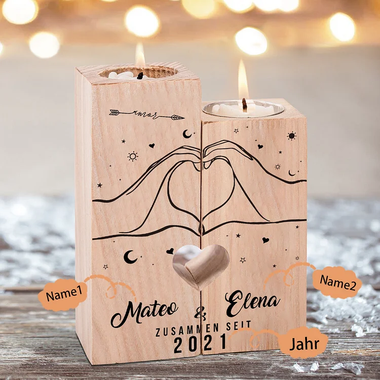 Kettenmachen Personalisierte 2 Namen & Jahr Kerzenhalter - Hölzerne Kerzenständer Hochzeitstag Valentinstag Geschenke