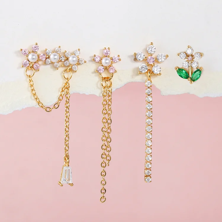 Flower Chain Stud Earrings Set