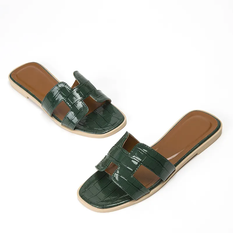 Womens Square Open Toe Summer Casual Flat Crocodile Slippers-vocosishoes