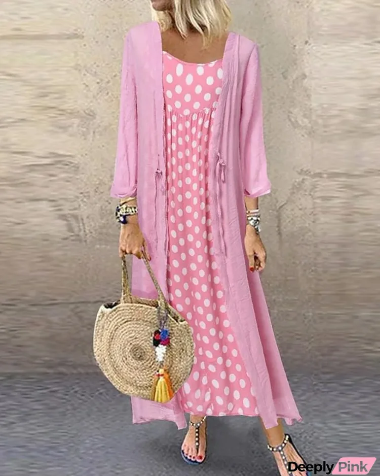 Women's Two Piece Dress Maxi Long Dress - Long Sleeve Polka Dot Print Spring & Summer Casual Loose Dress