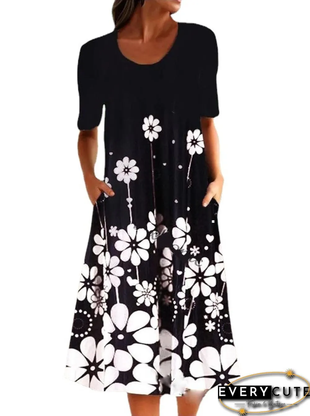 Fashion Personality Retro Floral Print Half Sleeve Dress Black Dresses