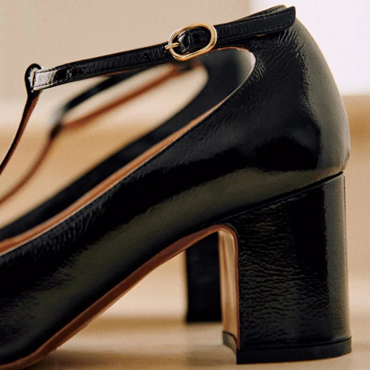 Black Round Toe Block Heels Women's T-strap Patent Shoes Vintage Buckle  Pumps