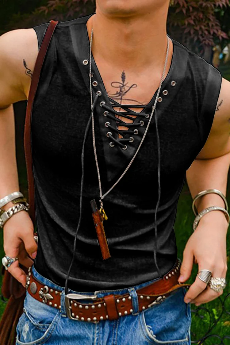 Lace Up Slim Fit Casual Black Tank Top