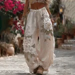 Women's Vintage Romantic White Rose Embroidery Art Comfy Linen Pants - Image 8