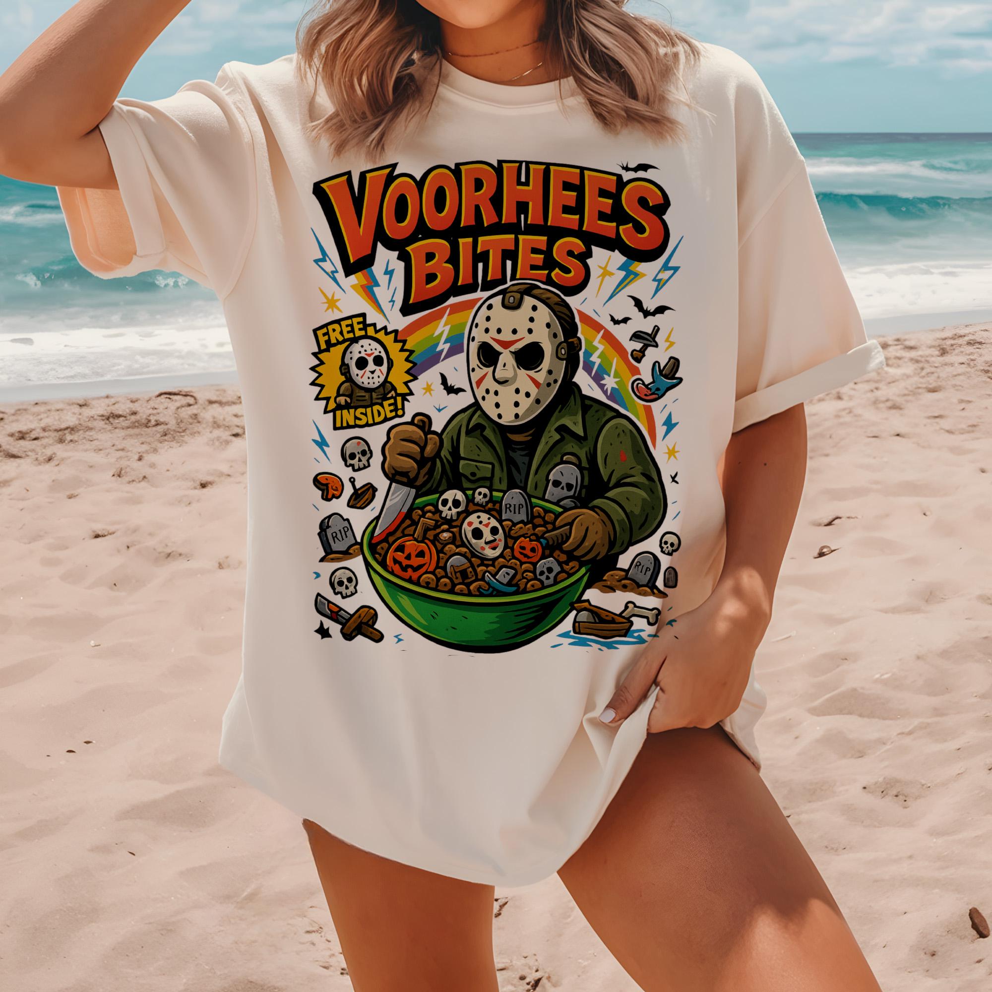Loveyoufancy Vorhees Bites T-shirt, Funny Halloween T-shirt, Horror Character T-shirt