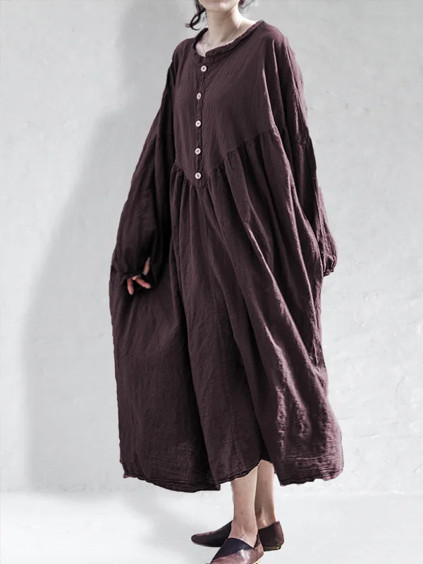 Vintage Oversize Pleated Button Up Maxi Dress