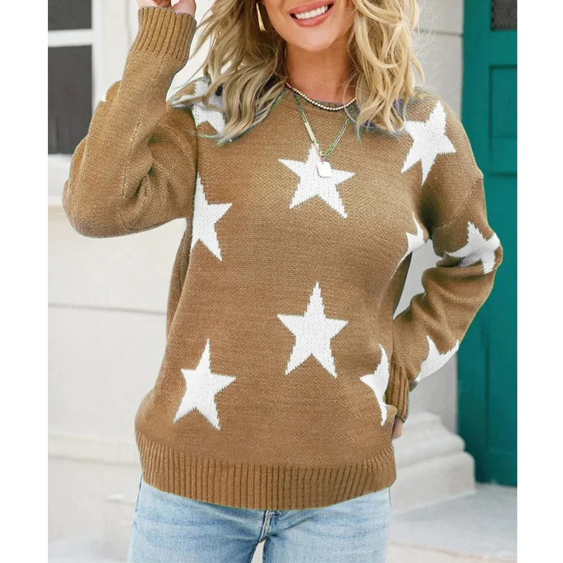 Wongn Wongn Women's Fashion Autumn And Winter New Sweater Long Sleeve Round Collar Knit Jumper Five-Pointed Star Loose Casual Women's Clothing