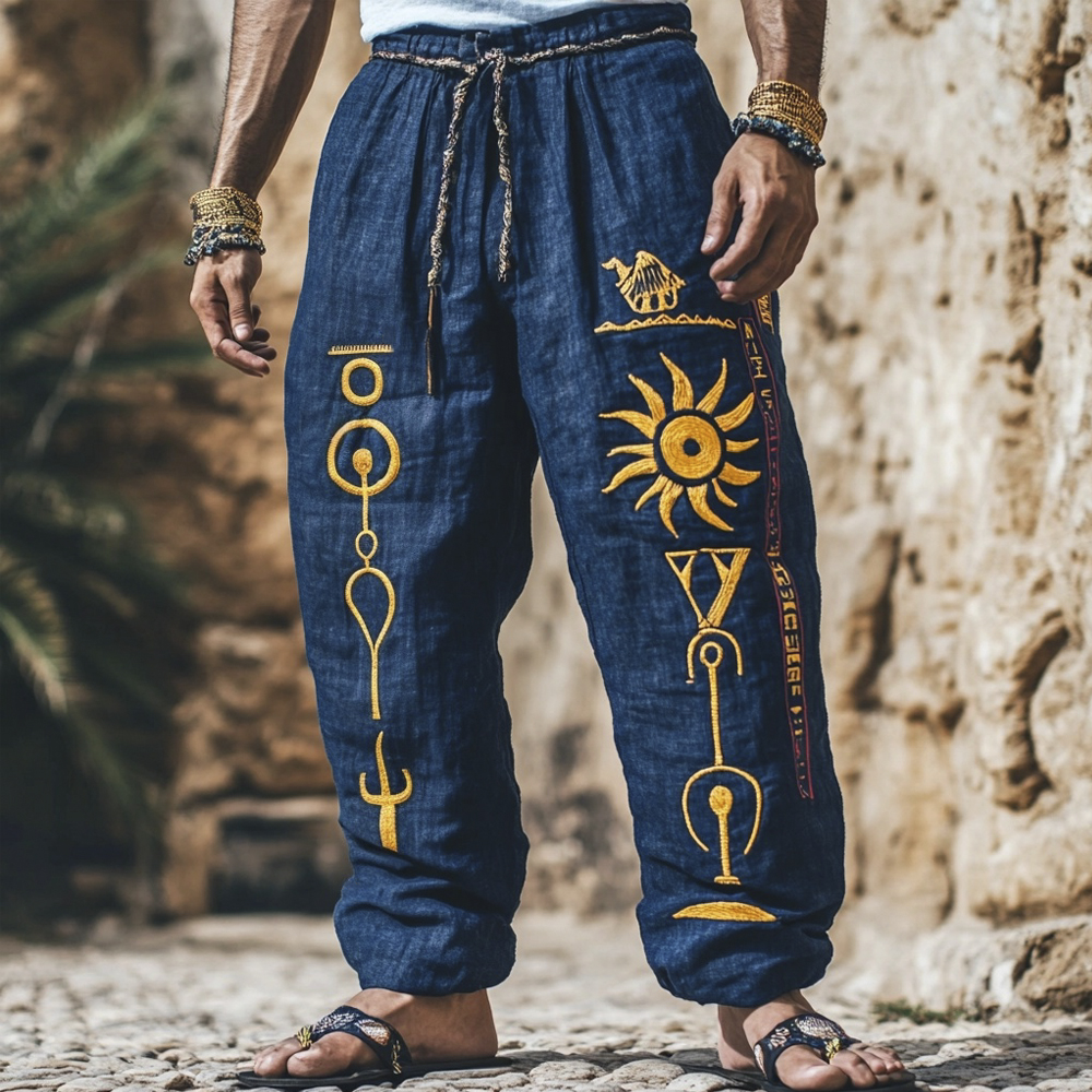Egyptian Sun Disk Of Ra Embroidered Men's Linen Trousers