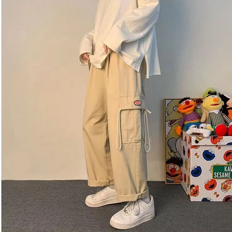 Aonga Male Trend Big Pocket Straight Pants Men Fashion Loose Wide Leg Pants Hip Hop Baggy Casual Student Trousers Spring Summer