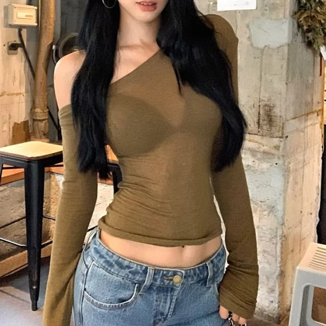 Long-Sleeve Neck One-Shoulder Fit Crop Plain Asymmetrical T-Shirt Slim