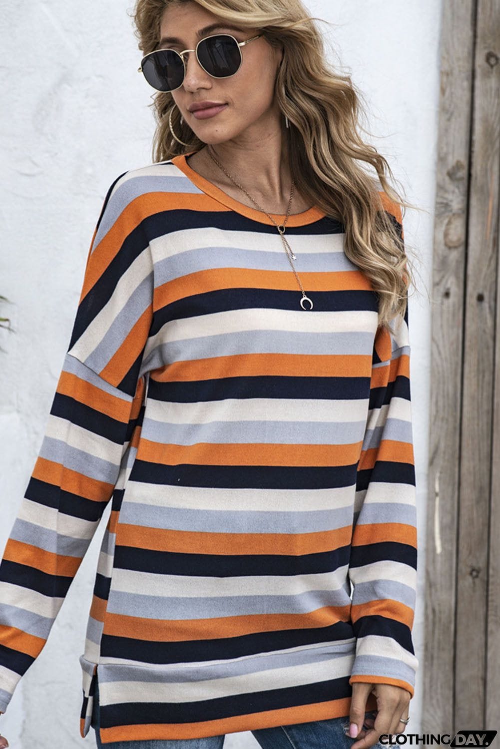 Multicolor Striped Drop Shoulder Loose Top with Slits