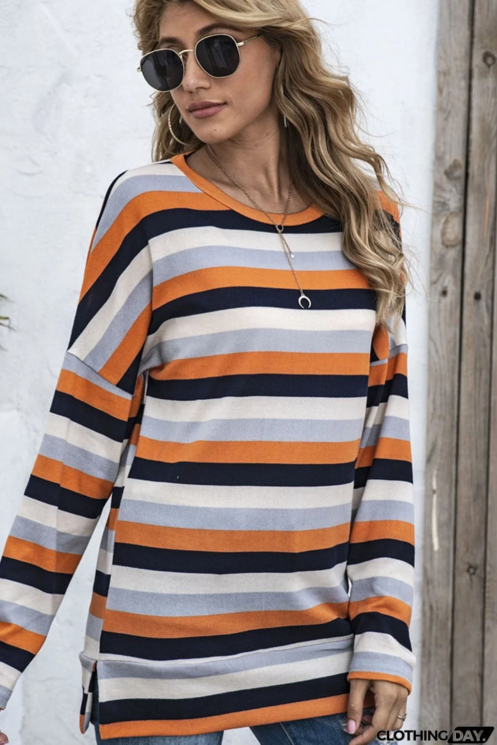 Multicolor Striped Drop Shoulder Loose Top with Slits