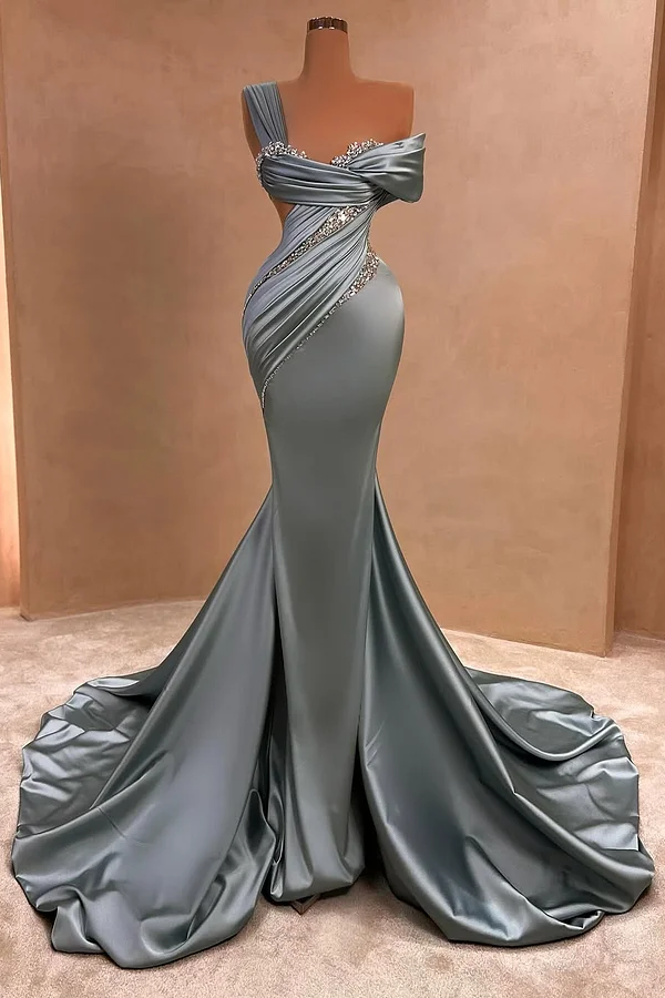 Daisda One-Shoulders Sleeveless Beads Mermaid Pleated Prom Dress 