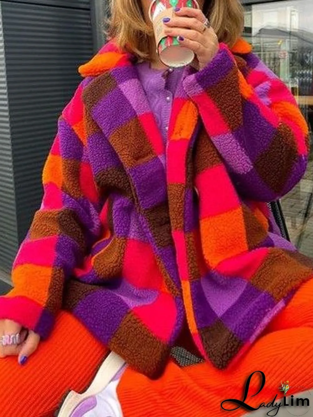 Women's Contrast Colorful Plaid Casual Coat