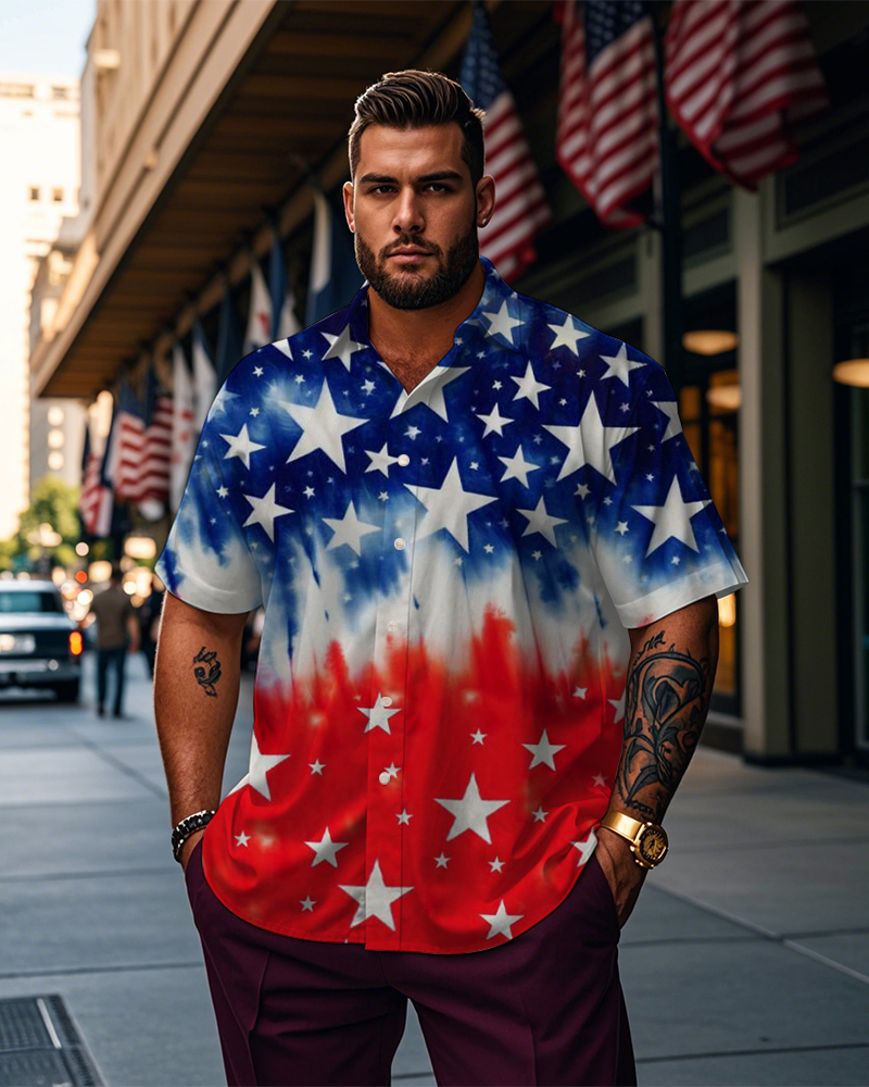 Men's Plus Size Independence Day Gradient Star Print Short Sleeve Shirt