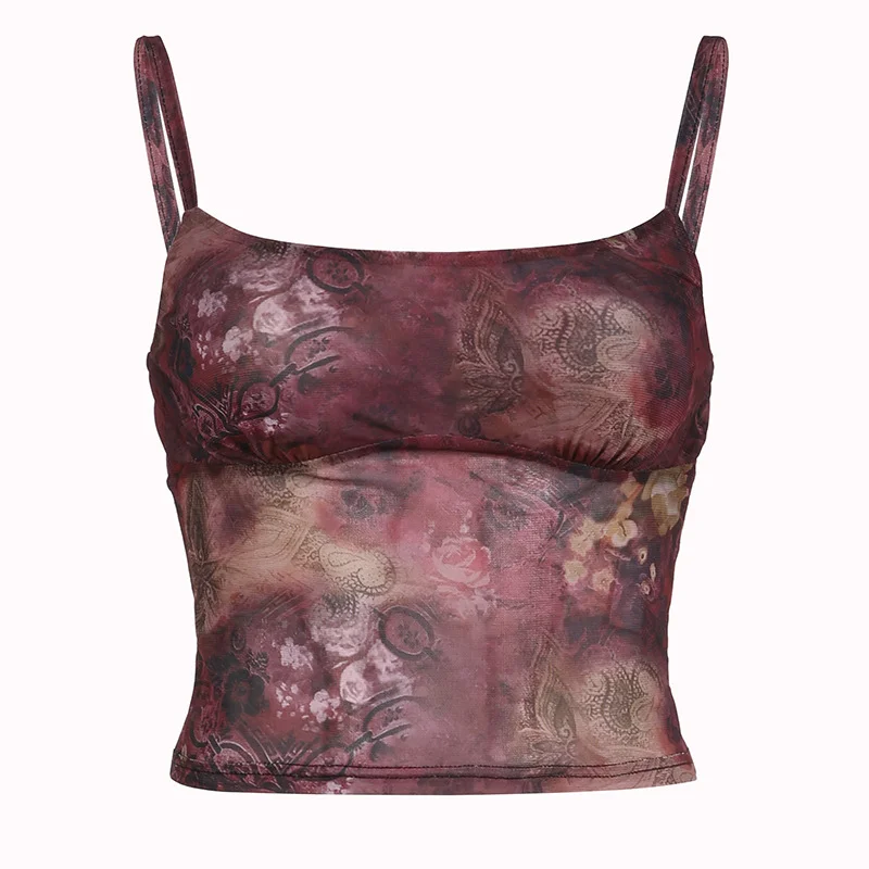 Ueong Print Slim Mesh Halter Top 2024 Spring And Summer New Hot Girls Sexy Low-Chested Bare-Back Vest