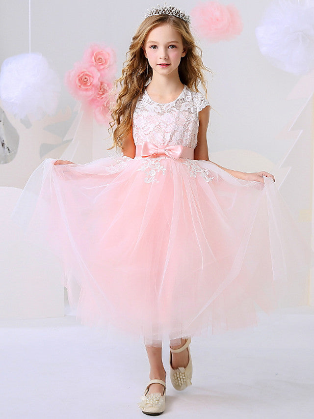 Oknass Short Sleeve Jewel Neck Ball Gown Flower Girl Dress With Bow Appliques