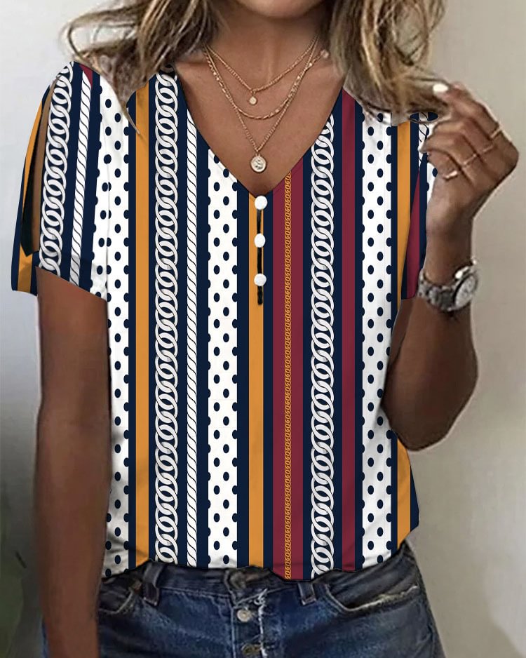 Casual V Neck Printed Ladies Top T-Shirt