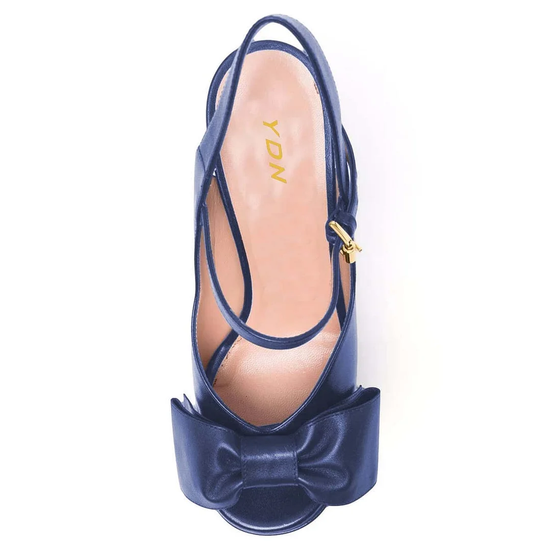 Navy Peep Toe Bow Decor Chunky Heel Ankle Strap Platform Sandals