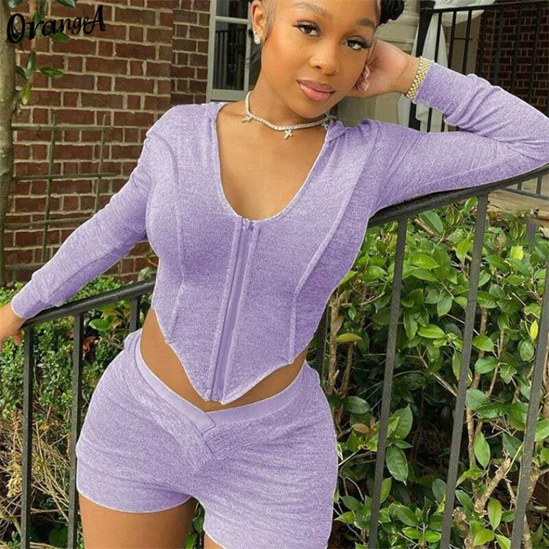OrangeA women tracksuit fitness long sleeve v-neck zipper crop top biker shorts two piece outfits sporty fitness slim streetwear