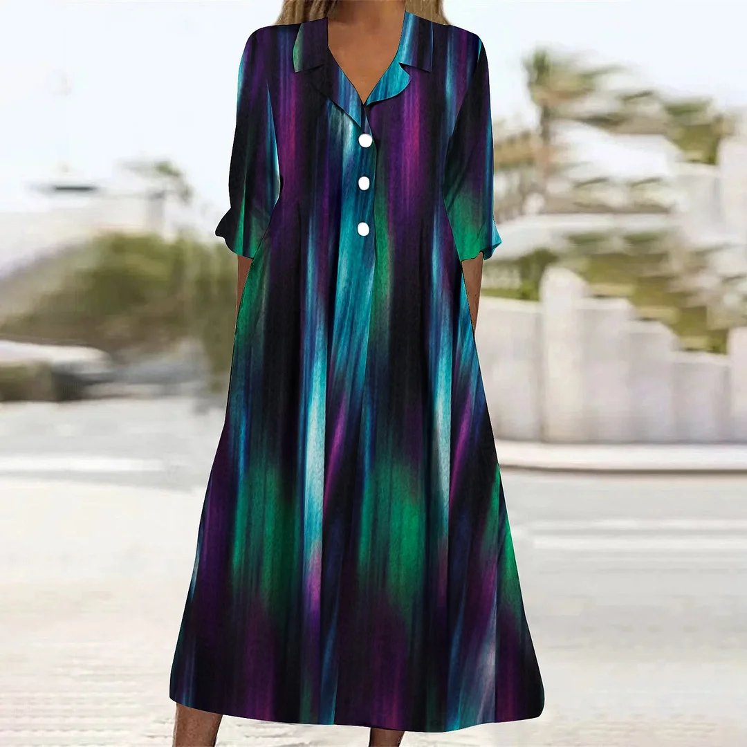Women Casual Loose Dress with Pockets in Pattern Green, Ray, Black