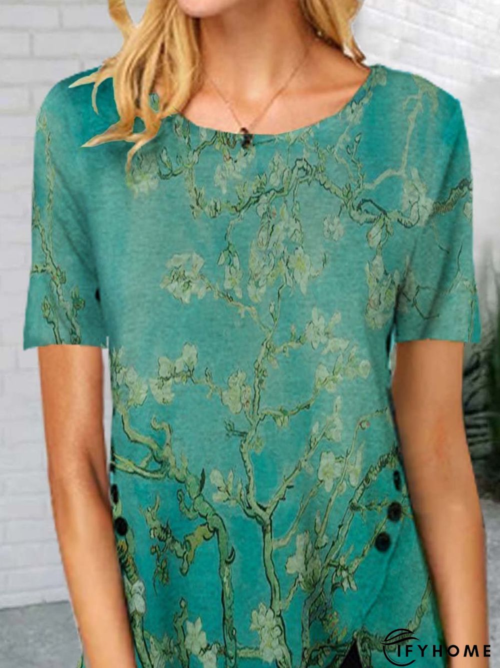 Floral-Print Polyester Cotton Short Sleeve T-shirt | IFYHOME