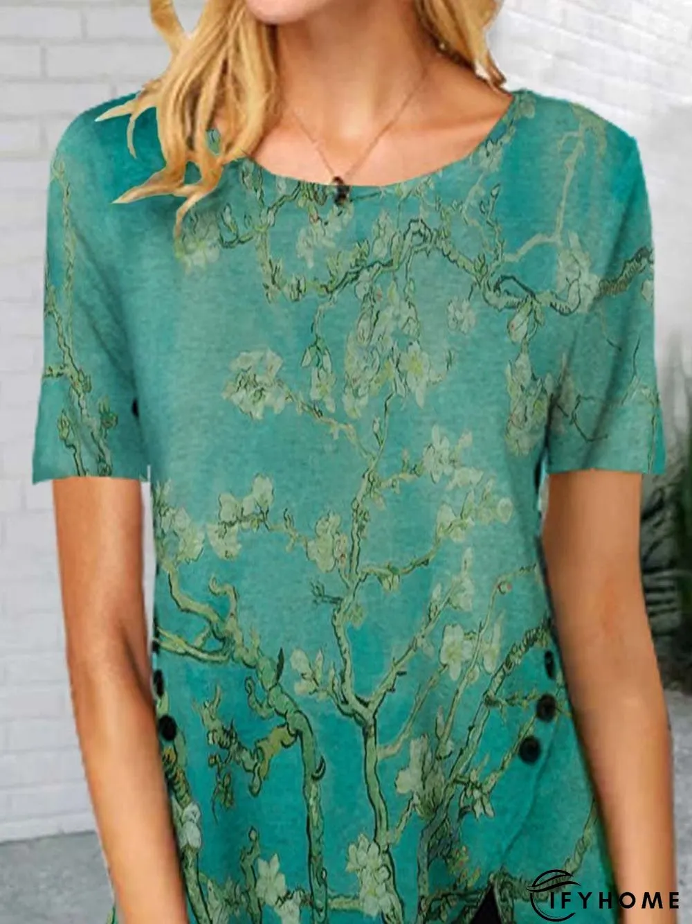 Floral-Print Polyester Cotton Short Sleeve T-shirt | IFYHOME