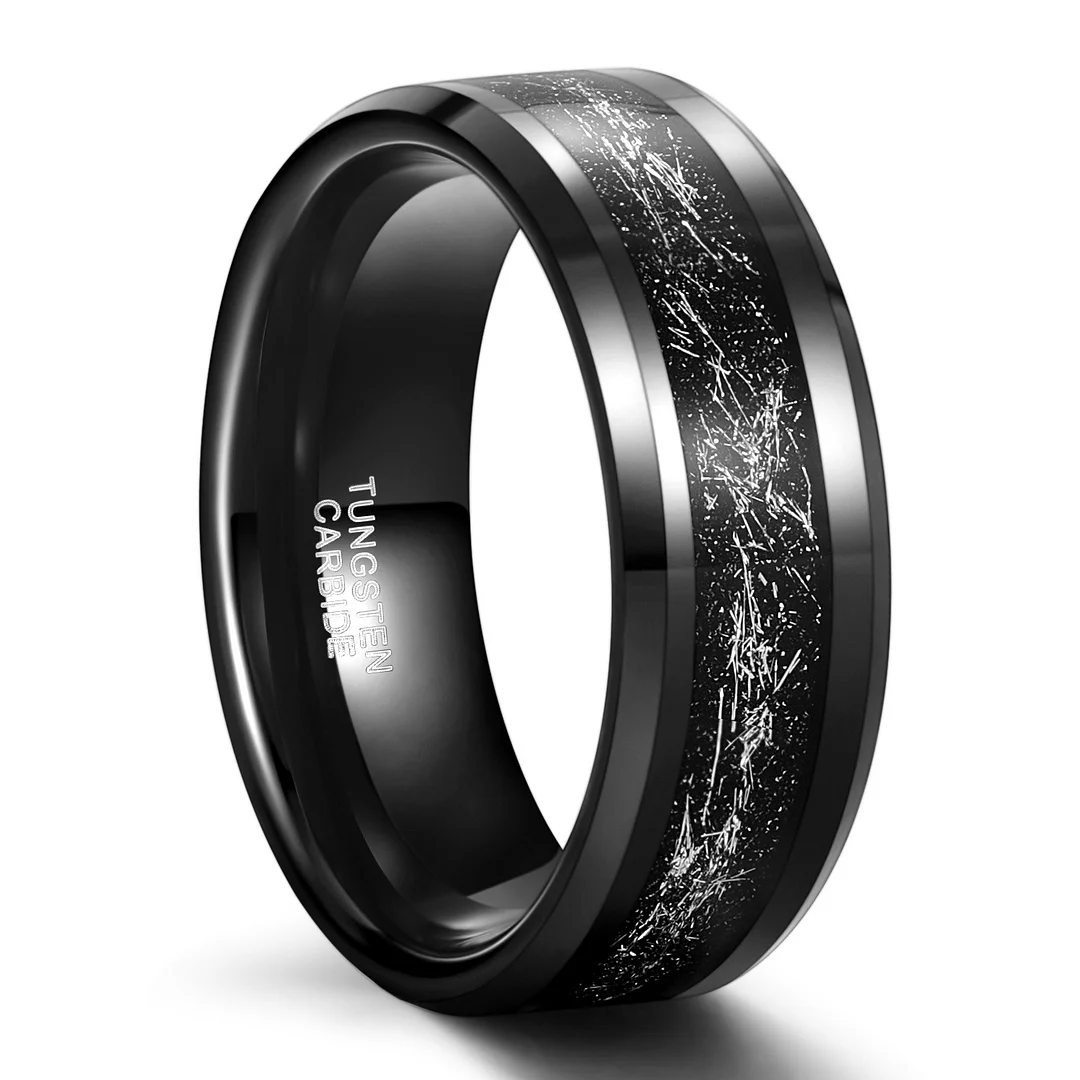 8mm Black Green Imitated Meteorite Inlay Tungsten Carbide Rings Men's Wedding Bands